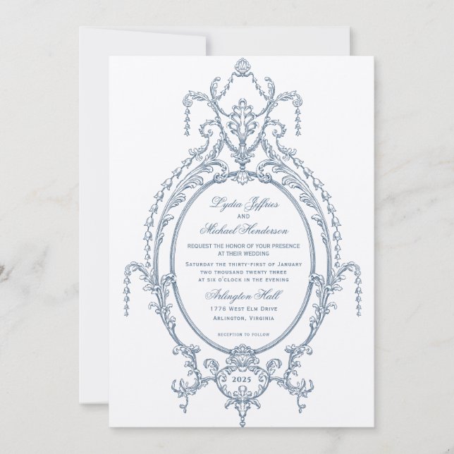 French Blue Ornate Baroque Wedding Invitation (Front)