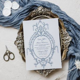 French Blue Ornate Baroque Wedding Invitation