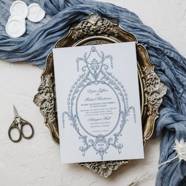 French Blue Ornate Baroque Wedding Invitation (Creator Uploaded)