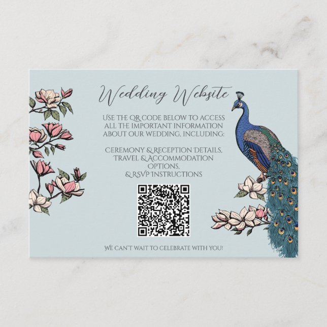 French Blue Peacock Hand-Drawn Wedding QR Enclosure Card (Front)