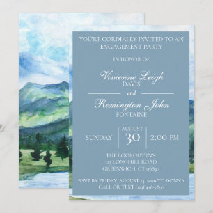 French Blue Serene Watercolor Lake Engagement Invitation