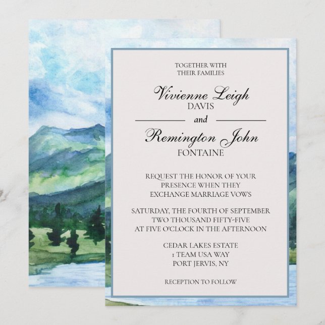 French Blue Serene Watercolor Lake Wedding Invitation (Front/Back)