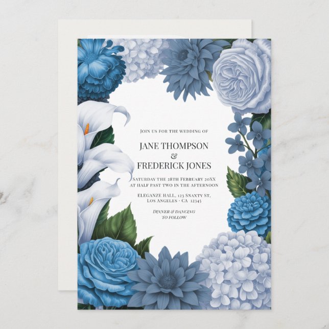 French Blue, Storm Slate & Petal Fog Wedding Invitation (Front/Back)
