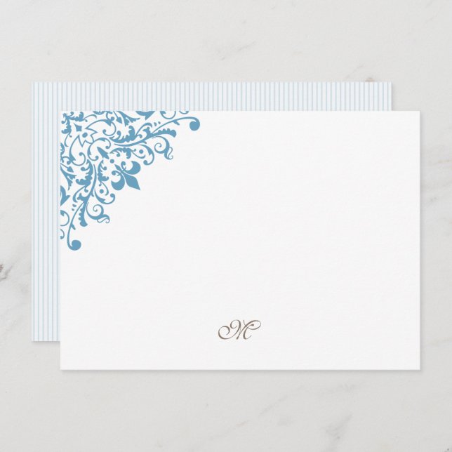 French Blue Stripe Fleur de Lis Initial Monogram Card (Front/Back)