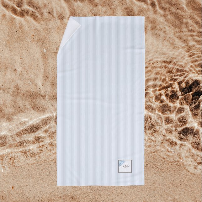 French Blue Stripe Fleur de Lis Script Monogram Beach Towel (Creator Uploaded)