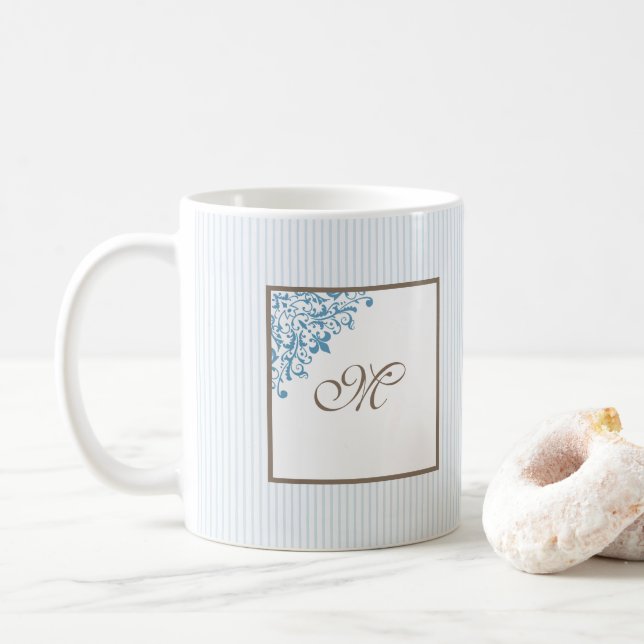 French Blue Stripe Fleur de Lis Script Monogram Co Coffee Mug (With Donut)