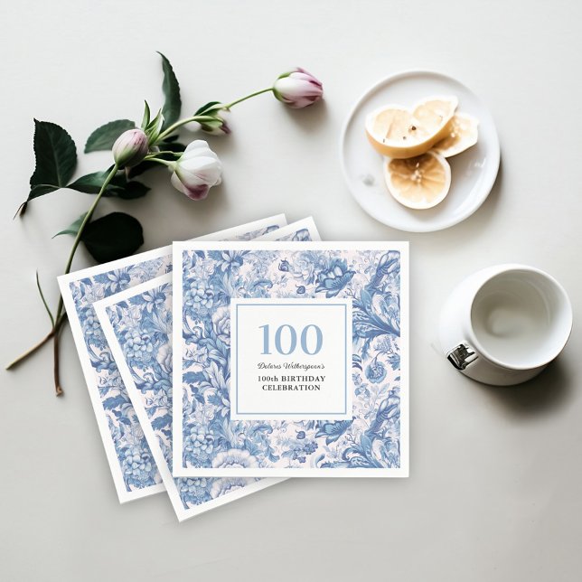 French Blue Toile 100th Birthday Celebration Napkin (Personalize these French blue toile party napkins for your event.)