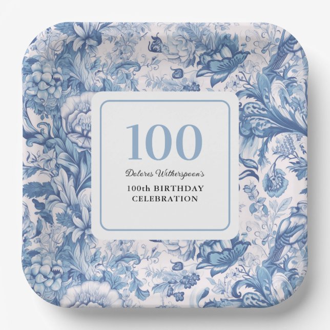 French Blue Toile 100th Birthday Celebration Paper Plate (Front)