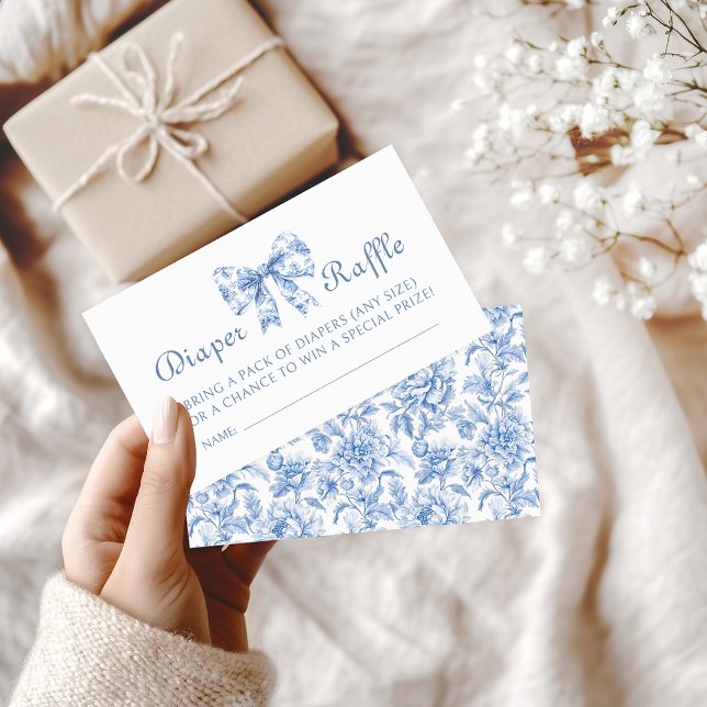 French Blue Toile Bow Baby Shower Diaper Raffle Enclosure Card (Creator Uploaded)