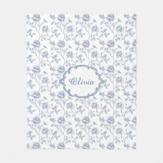 French Blue Toile Chinoiserie Floral Custom Name Fleece Blanket