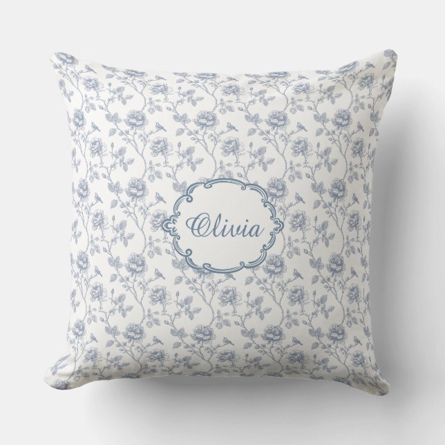 French Blue Toile Chinoiserie Floral Girls Name Cushion (Front)
