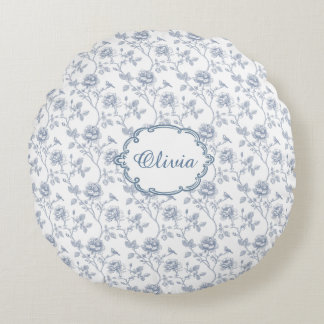French Blue Toile Chinoiserie Floral Girls Name Round Cushion
