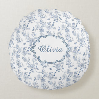French Blue Toile Chinoiserie Floral Girls Name Round Cushion