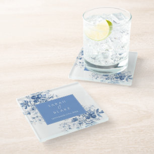 French Blue Toile Floral Wedding Glass Coaster