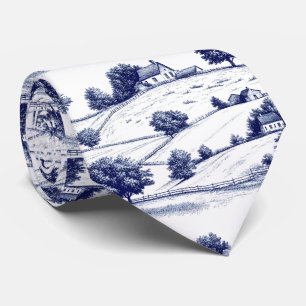 French Blue Toile Vintage Pastoral Architecture Tie