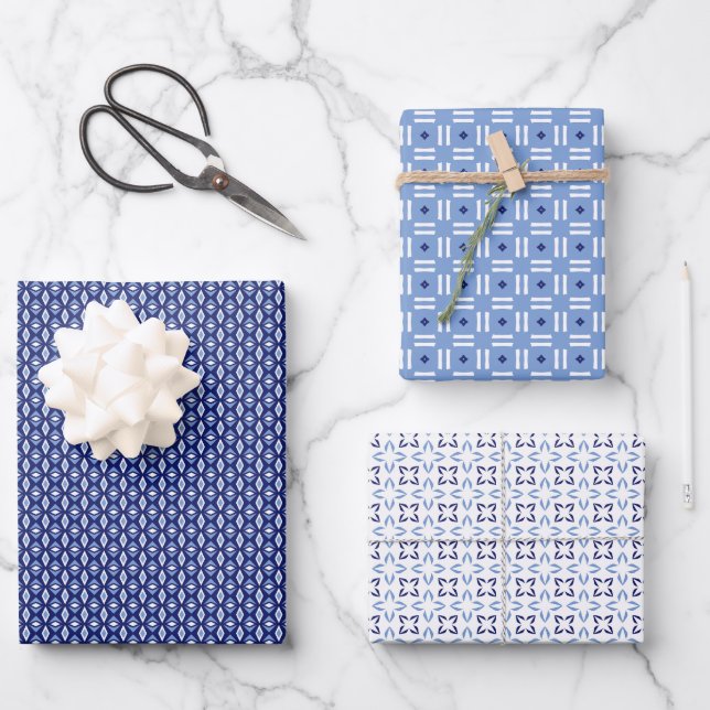 French Blue Trio 2 Geometric Set of Wrapping Paper (Front)