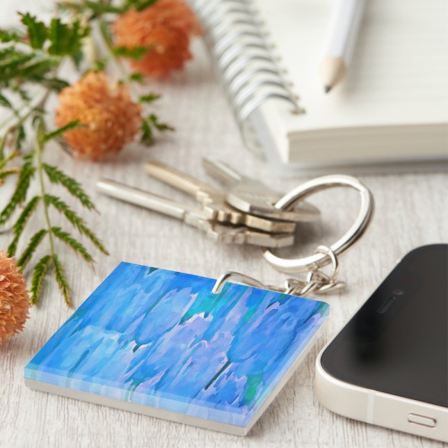 French Blue Tulips Abstract Floral Pattern Key Ring (Front Right)