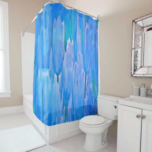 French Blue Tulips Abstract Floral Pattern Shower Curtain (In Situ)