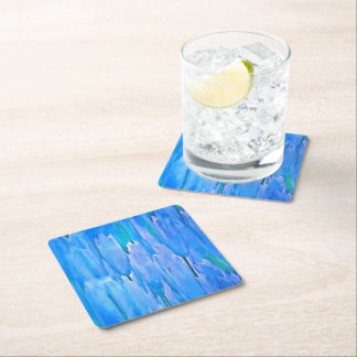 French Blue Tulips Abstract Floral Pattern Square Paper Coaster