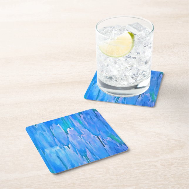 French Blue Tulips Abstract Floral Pattern Square Paper Coaster (Insitu)