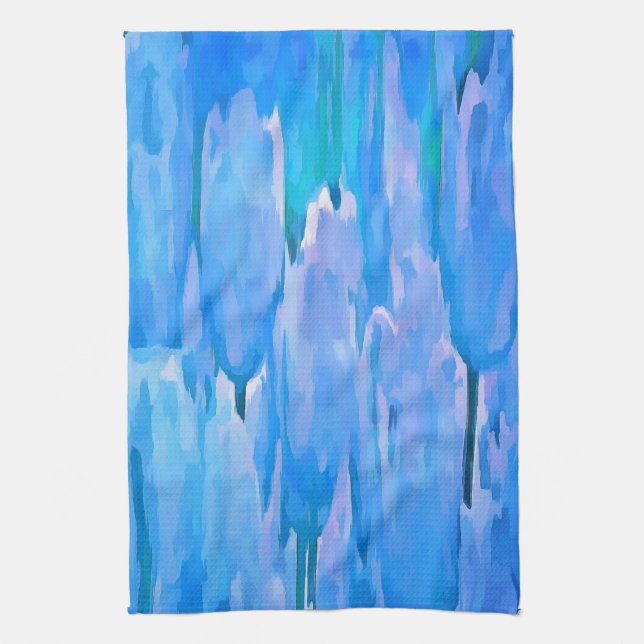 French Blue Tulips Abstract Floral Pattern Tea Towel (Vertical)