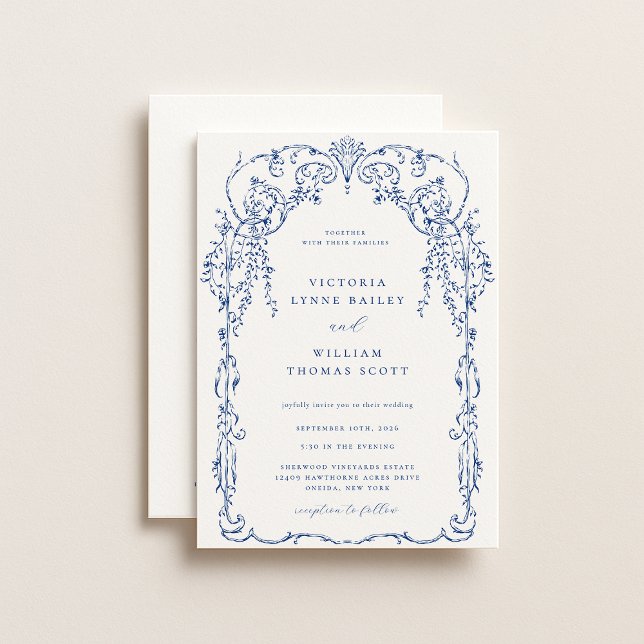 French Blue Victorian Frame Wedding Invitation (Creator Uploaded)