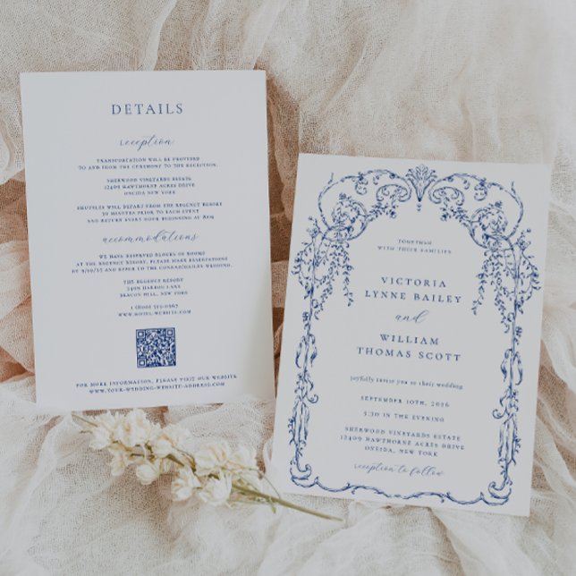 French Blue Victorian Frame Wedding Invitation (Creator Uploaded)