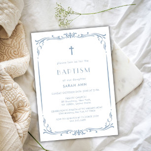 French Blue Vintage Baptism Christening Cross Invitation