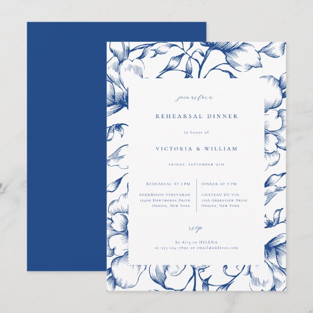 French Blue Vintage Floral Rehearsal Dinner Announcement (Front/Back)
