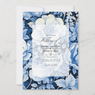  French Blue, Vintage White & Navy Floral Wedding Invitation
