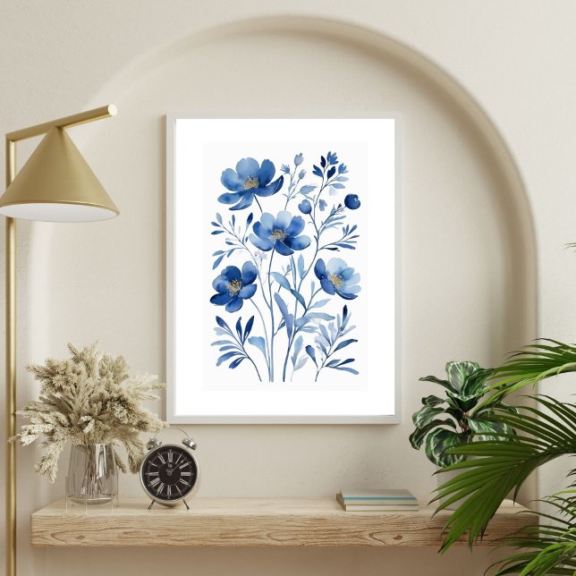 French Blue Watercolor Floral Flowers Botanicals  Poster (French Blue Flowers Watercolor Florals Botanicals Wall art Poster Print. Printed or Digital Download)