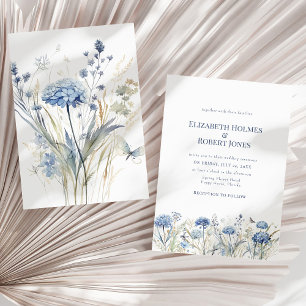 French Blue Watercolor Garden Wildflowers Wedding Invitation