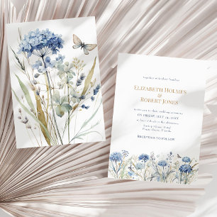 French Blue Watercolor Garden Wildflowers Wedding Invitation