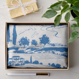 French Blue Whimsical Hand Drawn Countryside Tissue Paper