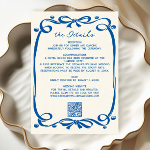 French Blue Whimsical Hand Drawn Ribbon Wedding  Enclosure Card