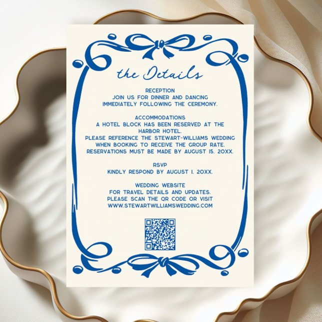 French Blue Whimsical Hand Drawn Ribbon Wedding  Enclosure Card (Creator Uploaded)