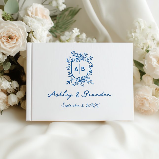 French Blue Whimsical Monogram Crest Wedding Guest Book (Creator Uploaded)