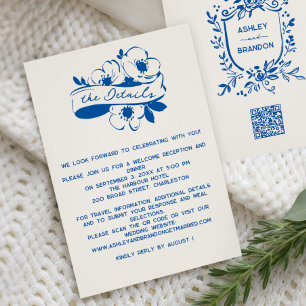 French Blue Whimsical Ribbon Crest Wedding  Enclosure Card