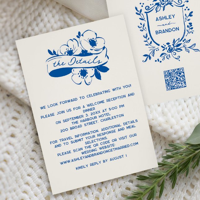 French Blue Whimsical Ribbon Crest Wedding  Enclosure Card (Creator Uploaded)