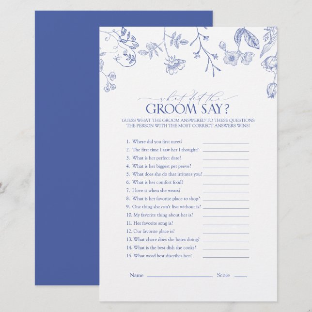 French Blue & White Floral Bridal Shower Game (Front/Back)