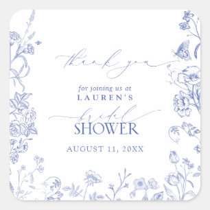 French Blue & White Floral Bridal Shower Thank You Square Sticker