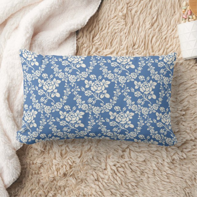 French Blue White Floral Pattern Botanical Chic Lumbar Cushion (Blanket)