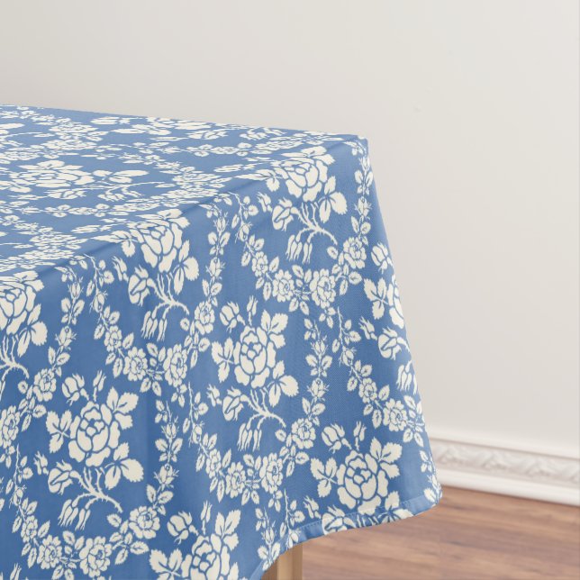 French Blue White Floral Pattern Botanical Chic Tablecloth (In Situ)