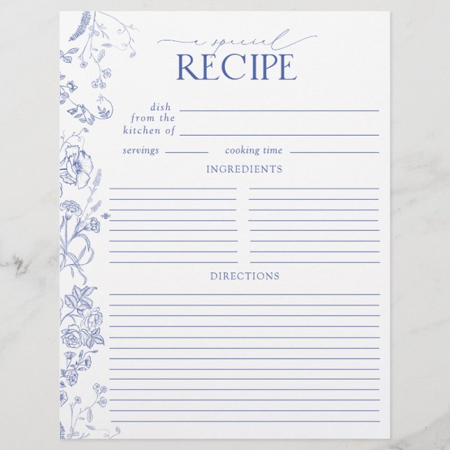 French Blue & White Shower Recipe Binder Page (Front)