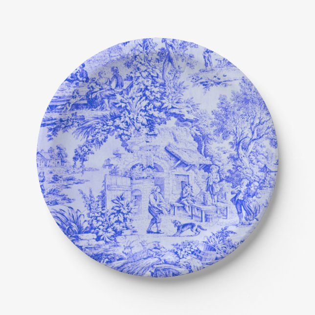 French Blue White Toile Chinoiserie Rustic Style  Paper Plate (Front)