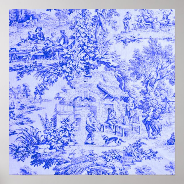 French Blue White Toile Chinoiserie Rustic Style  Poster (Front)
