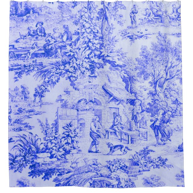 French Blue White Toile Chinoiserie Rustic Style  Shower Curtain (Front)
