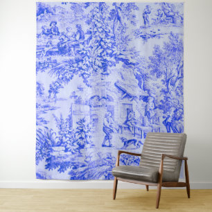 French Blue White Toile Chinoiserie Rustic Style  Tapestry