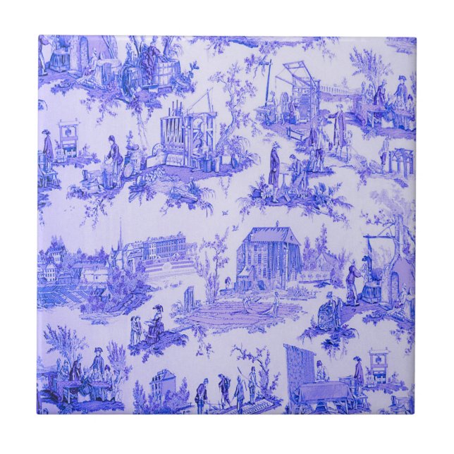 French Blue White Toile Chinoiserie Style Rustic  Tile (Front)