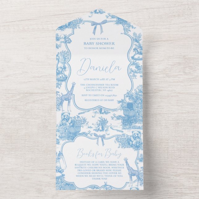French Blue White Toile de Jouy Bear Baby Shower All In One Invitation (Inside)